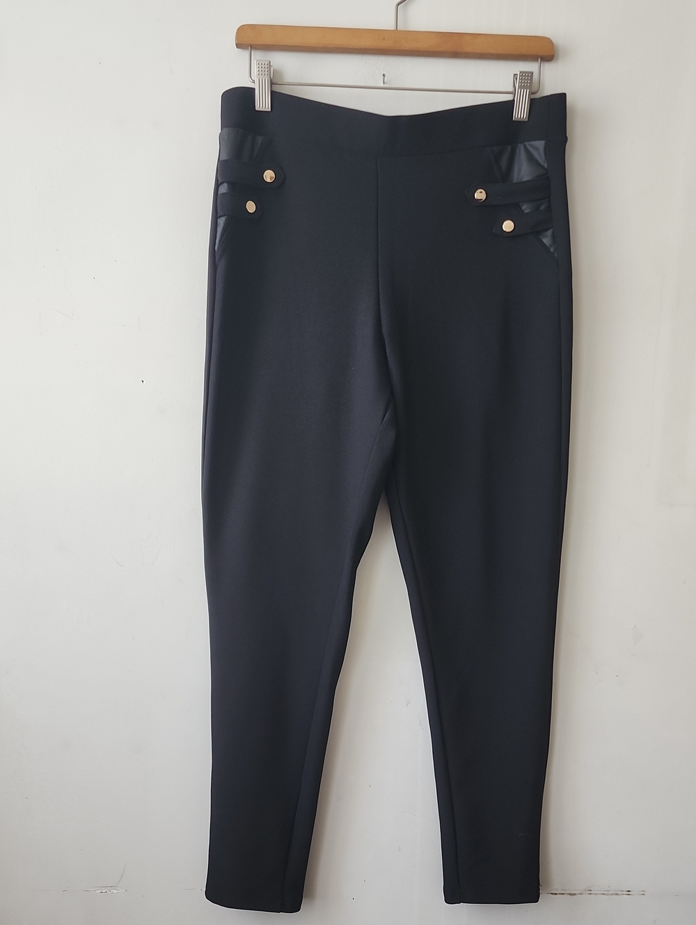 Women's Black Skinny Ponte Pants with Gold Button Detail